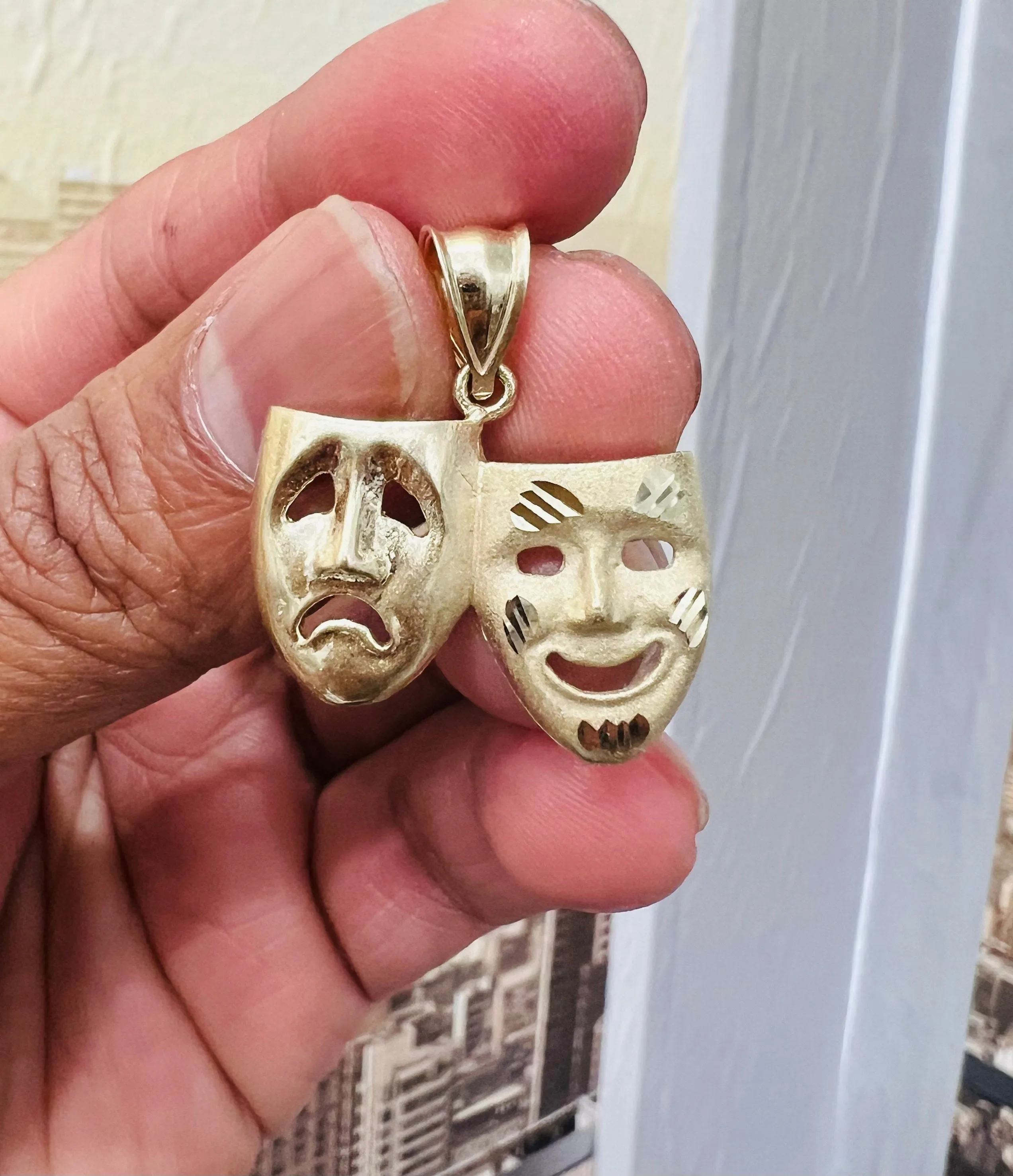 10K Yellow Gold Comedy Tragedy Mask Pendant, Drama Masks Pendant, Human Face Pendant, Crying smile mask Pendant - Dramatic Theater Jewelry