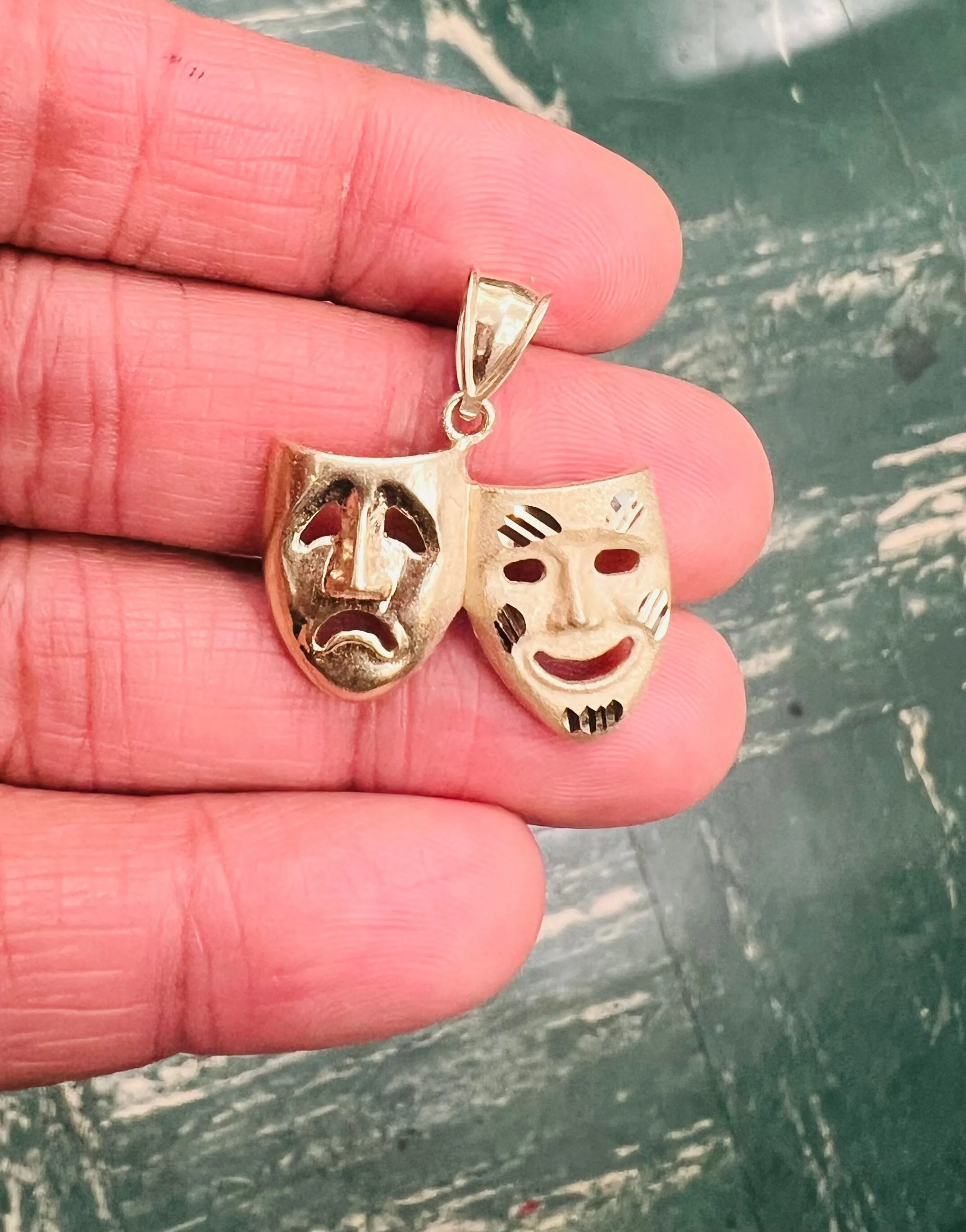 10K Yellow Gold Comedy Tragedy Mask Pendant, Drama Masks Pendant, Human Face Pendant, Crying smile mask Pendant - Dramatic Theater Jewelry