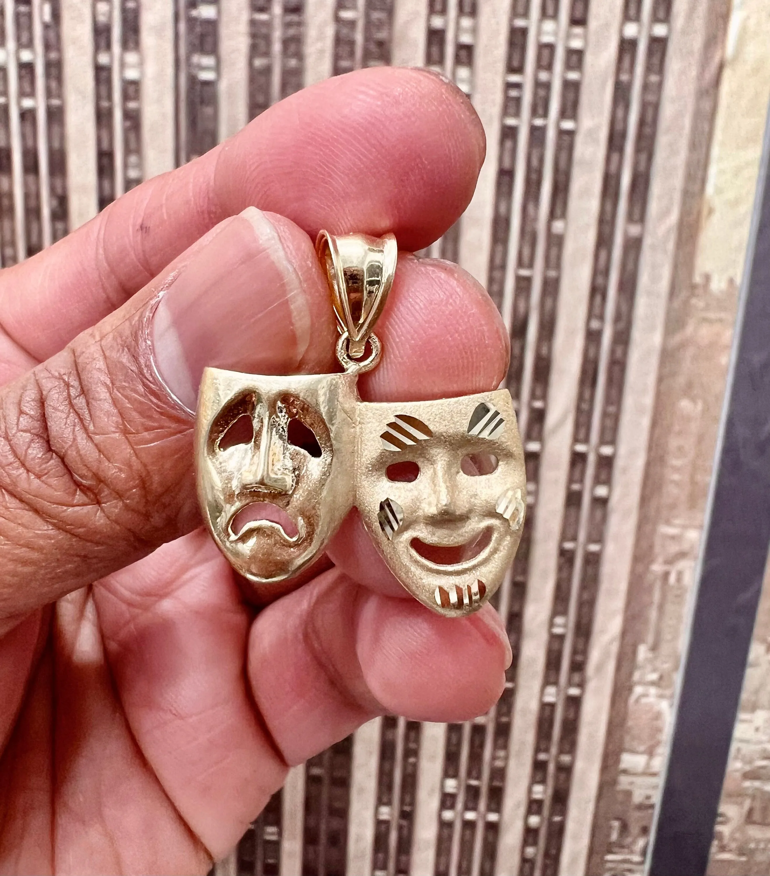 10K Yellow Gold Comedy Tragedy Mask Pendant, Drama Masks Pendant, Human Face Pendant, Crying smile mask Pendant - Dramatic Theater Jewelry