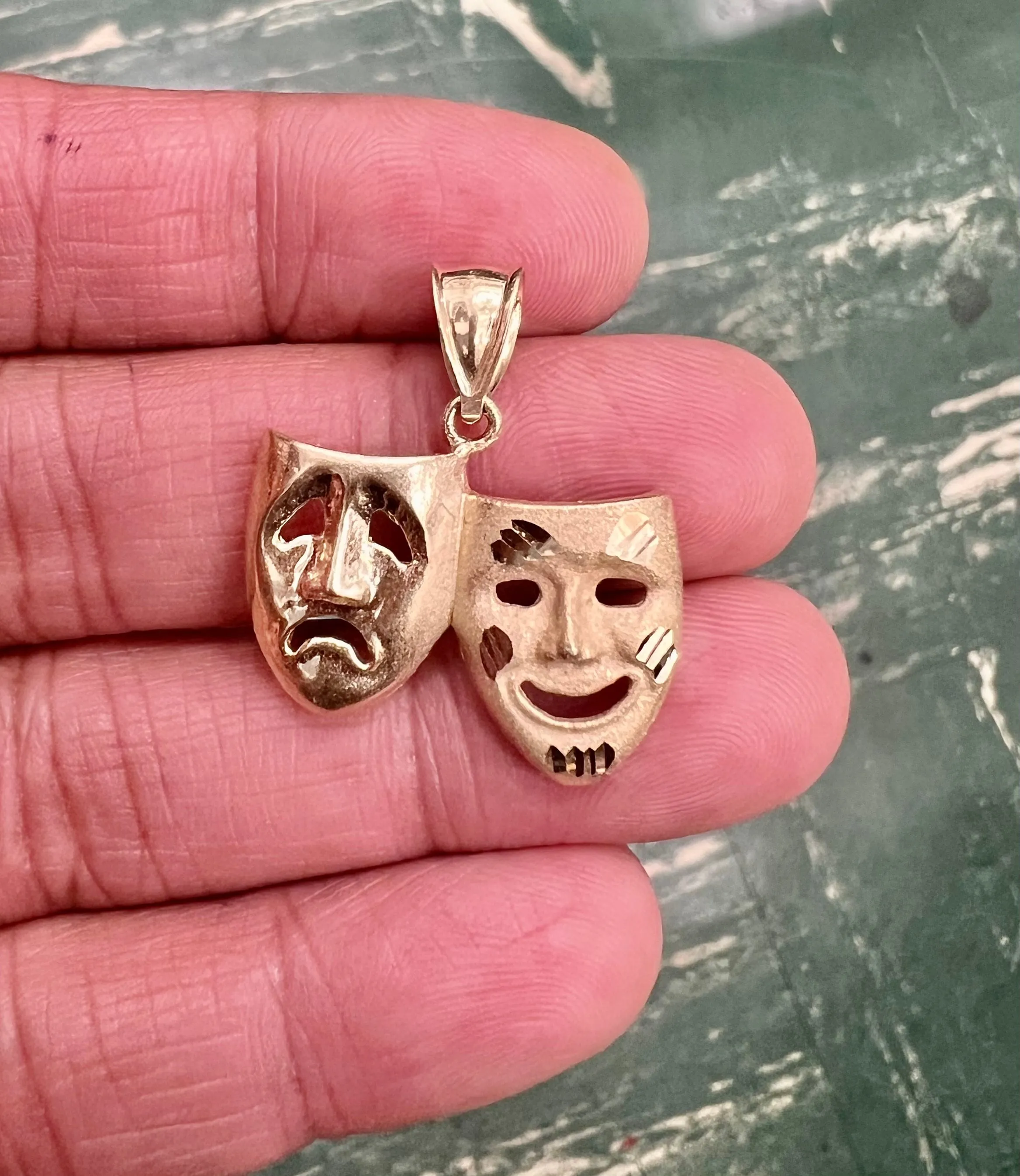 10K Yellow Gold Comedy Tragedy Mask Pendant, Drama Masks Pendant, Human Face Pendant, Crying smile mask Pendant - Dramatic Theater Jewelry