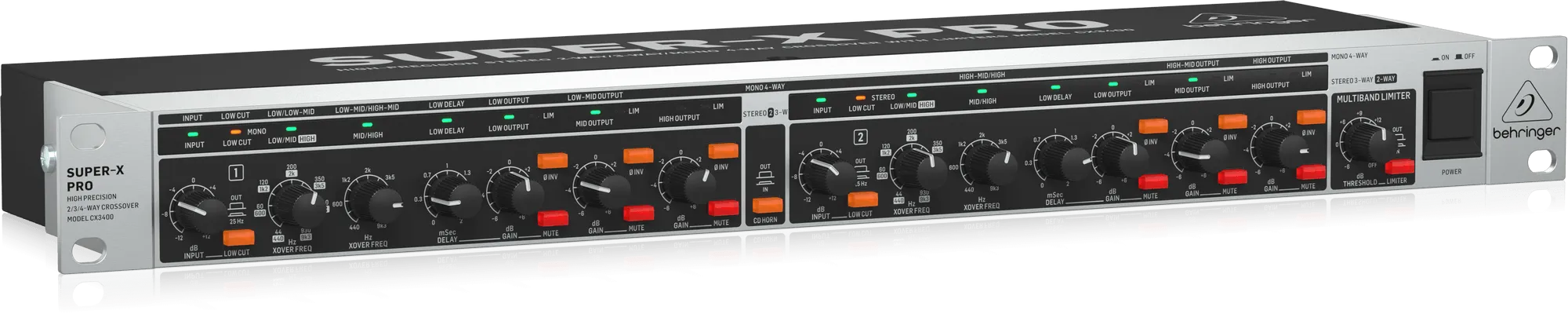 Behringer Super-X Pro CX3400 V2 High-Precision Stereo 2-Way/3-Way/Mono 4-Way Crossover with Limiters, Adjustable Time Delays and CD Horn Correction