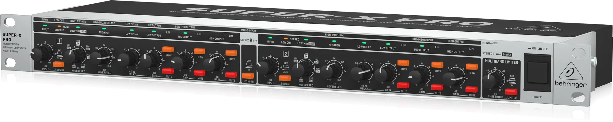 Behringer Super-X Pro CX3400 V2 High-Precision Stereo 2-Way/3-Way/Mono 4-Way Crossover with Limiters, Adjustable Time Delays and CD Horn Correction