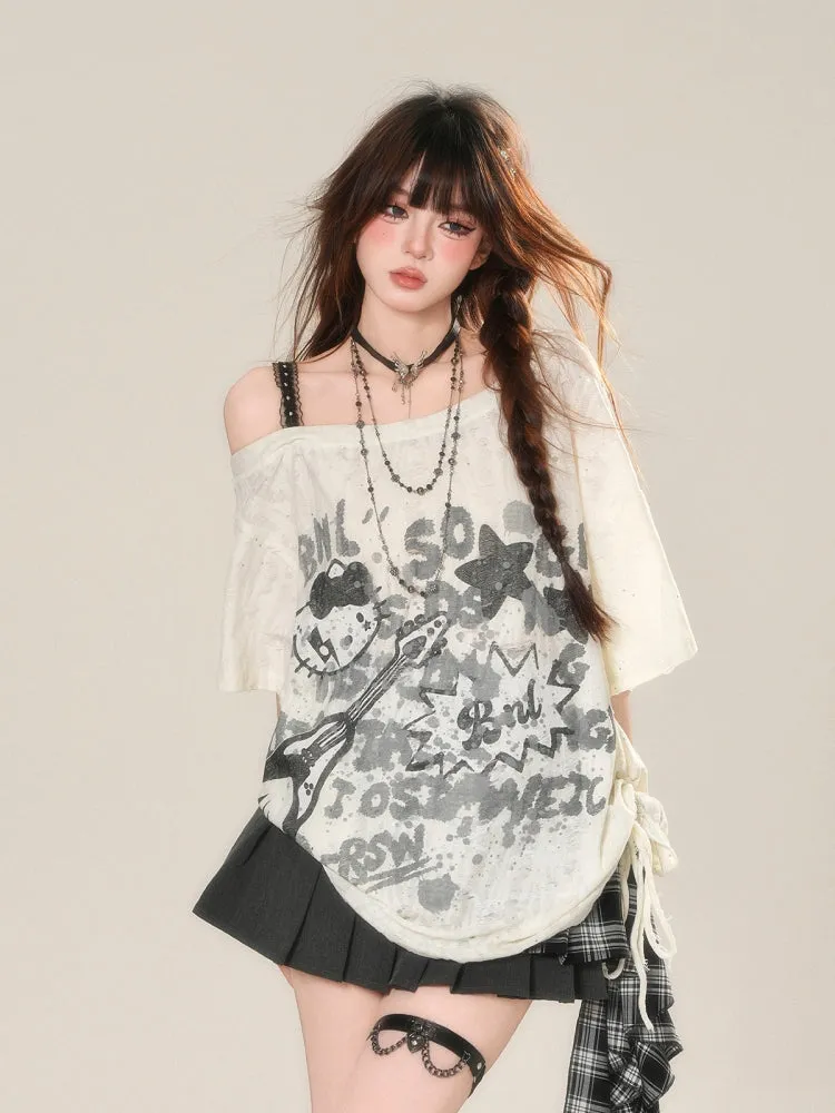 Korean-Style Street Graffiti Loose Off-Shoulder T-Shirt