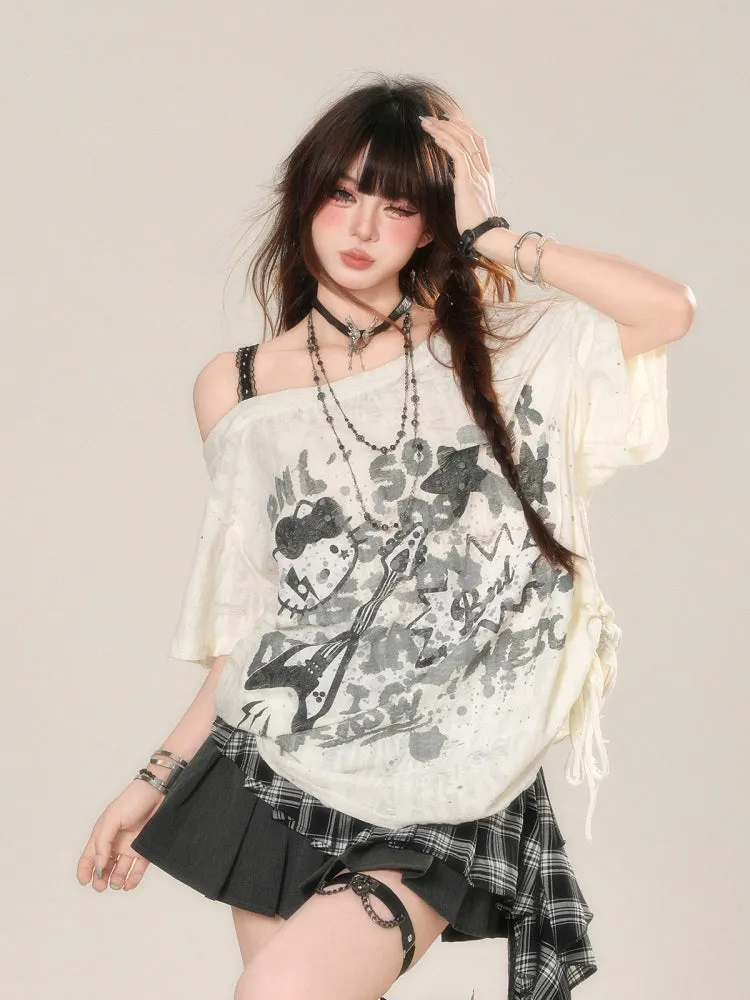 Korean-Style Street Graffiti Loose Off-Shoulder T-Shirt
