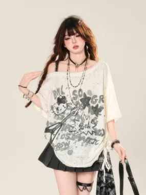 Korean-Style Street Graffiti Loose Off-Shoulder T-Shirt