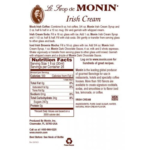 Monin Irish Cream Syrup (750mL)