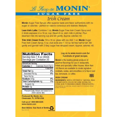 Monin Sugar Free Irish Cream Syrup (750mL)