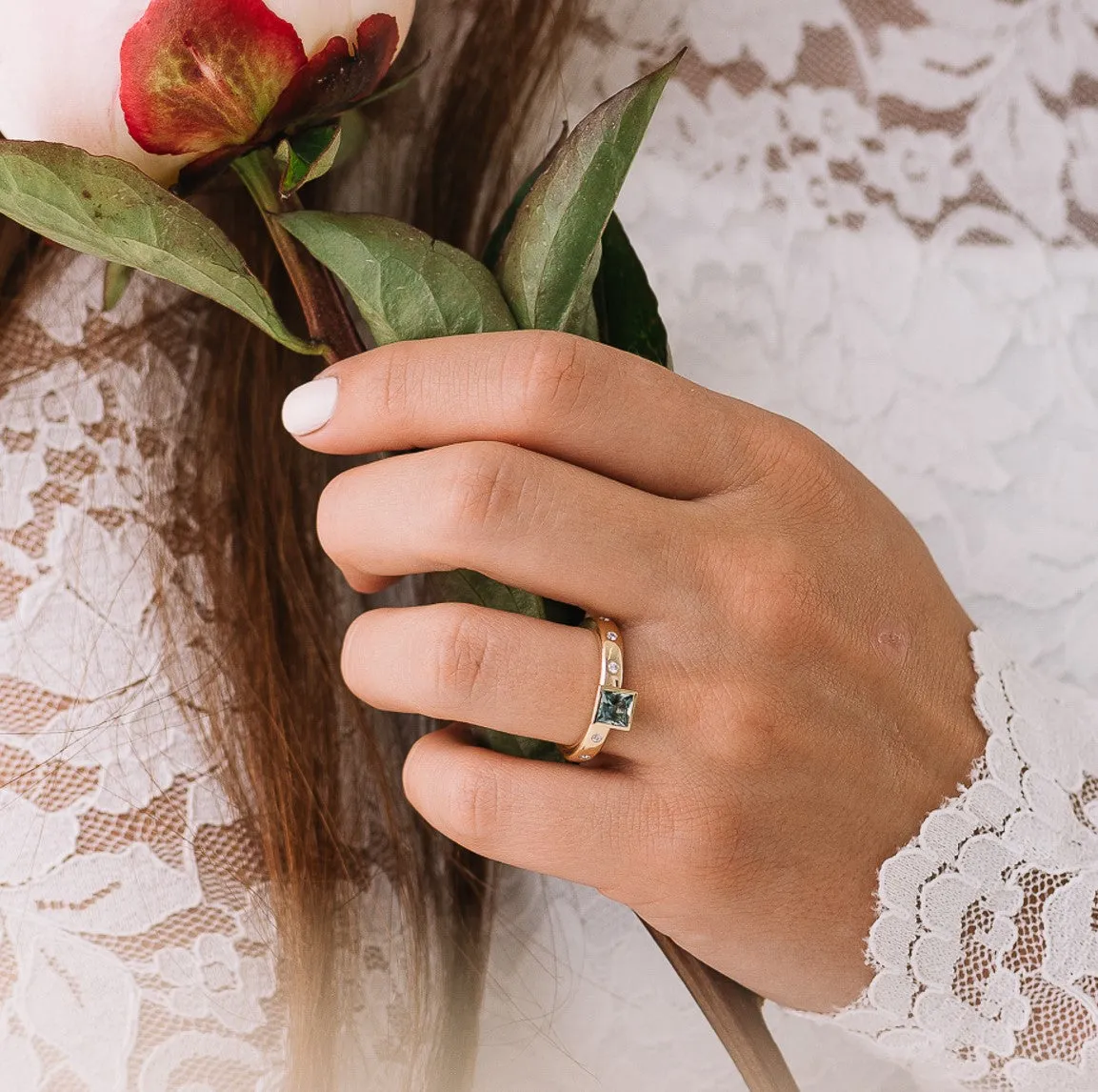 Montana Sapphire Princess Cut Ring with Diamond Accents