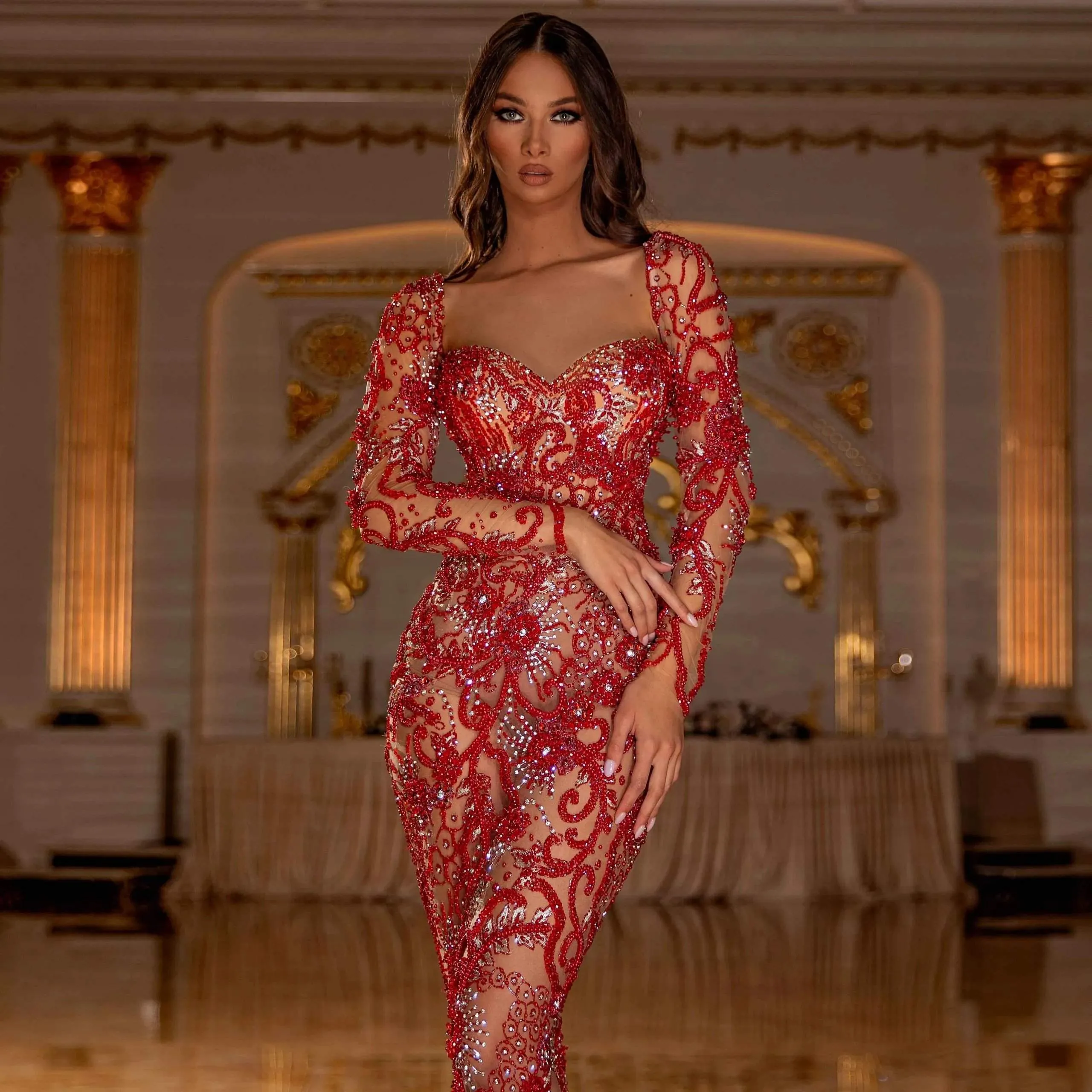 Red Beaded Evening Dress