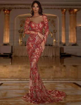 Red Beaded Evening Dress