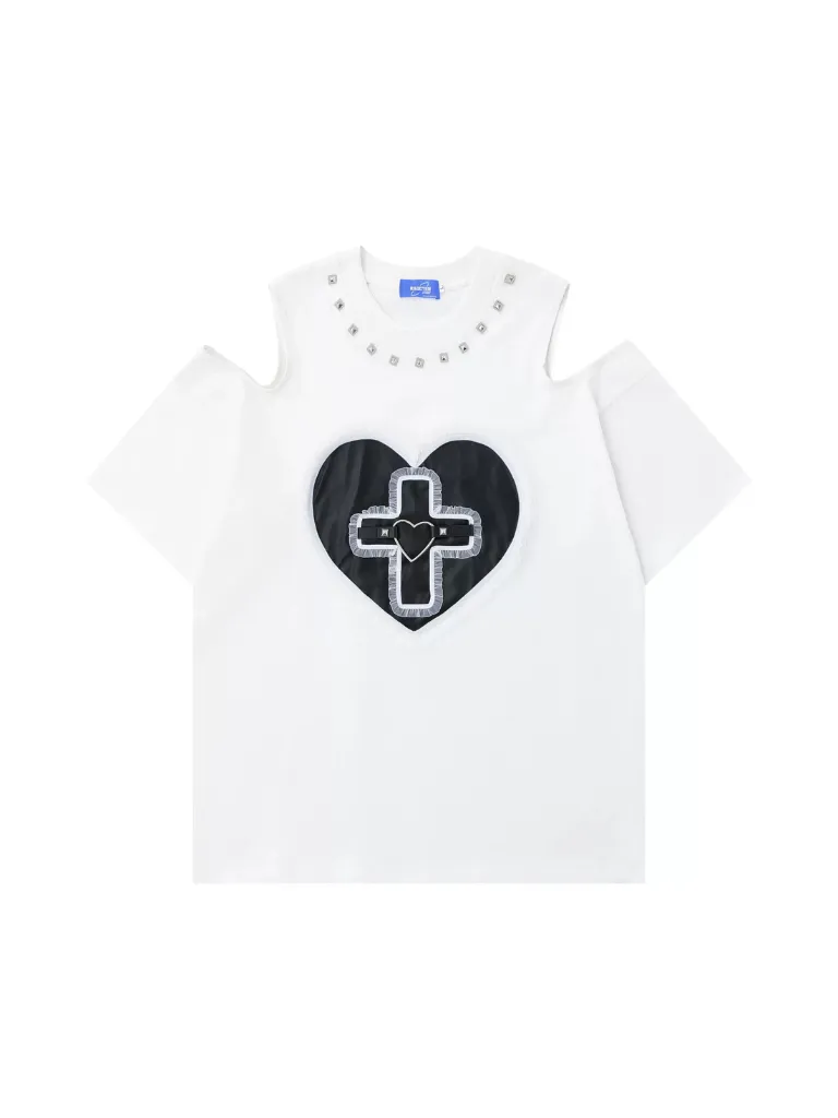 Shoulder Cross Love Street Off T-Shirt Lace Rivet
